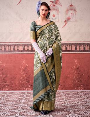 Mehendi tussa silk printed with viscose border saree & unstitched blouse 1