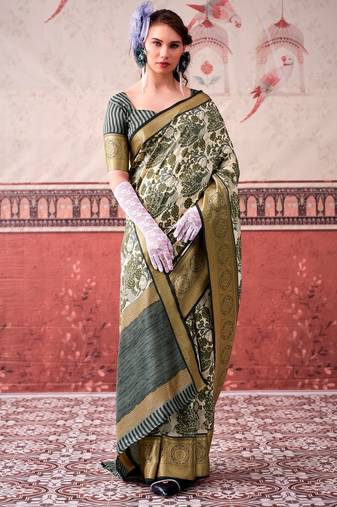 Mehendi tussa silk printed with viscose border saree & unstitched blouse