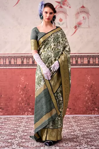 Mehendi tussa silk printed with viscose border saree & unstitched blouse