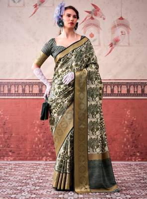 Mehendi tussa silk printed with viscose border saree & unstitched blouse 2
