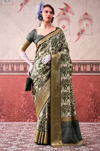 Mehendi tussa silk printed with viscose border saree & unstitched blouse