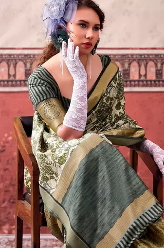 Mehendi tussa silk printed with viscose border saree & unstitched blouse