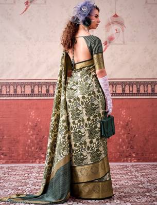 Mehendi tussa silk printed with viscose border saree & unstitched blouse 4