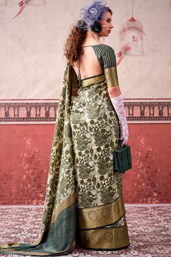 Mehendi tussa silk printed with viscose border saree & unstitched blouse