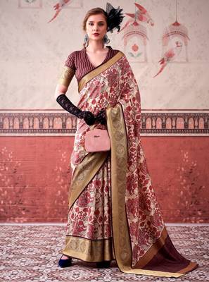 Pink tussa silk printed with viscose border saree & unstitched blouse 1