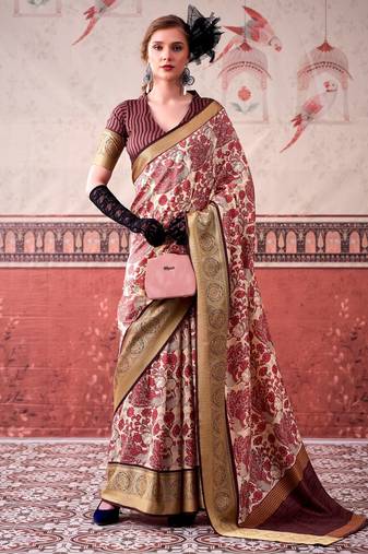 Pink tussa silk printed with viscose border saree & unstitched blouse
