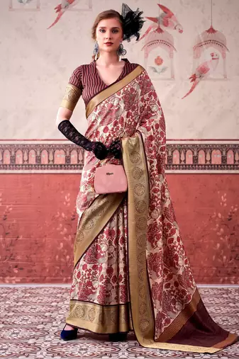 Pink tussa silk printed with viscose border saree & unstitched blouse
