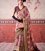 Pink tussa silk printed with viscose border saree & unstitched blouse