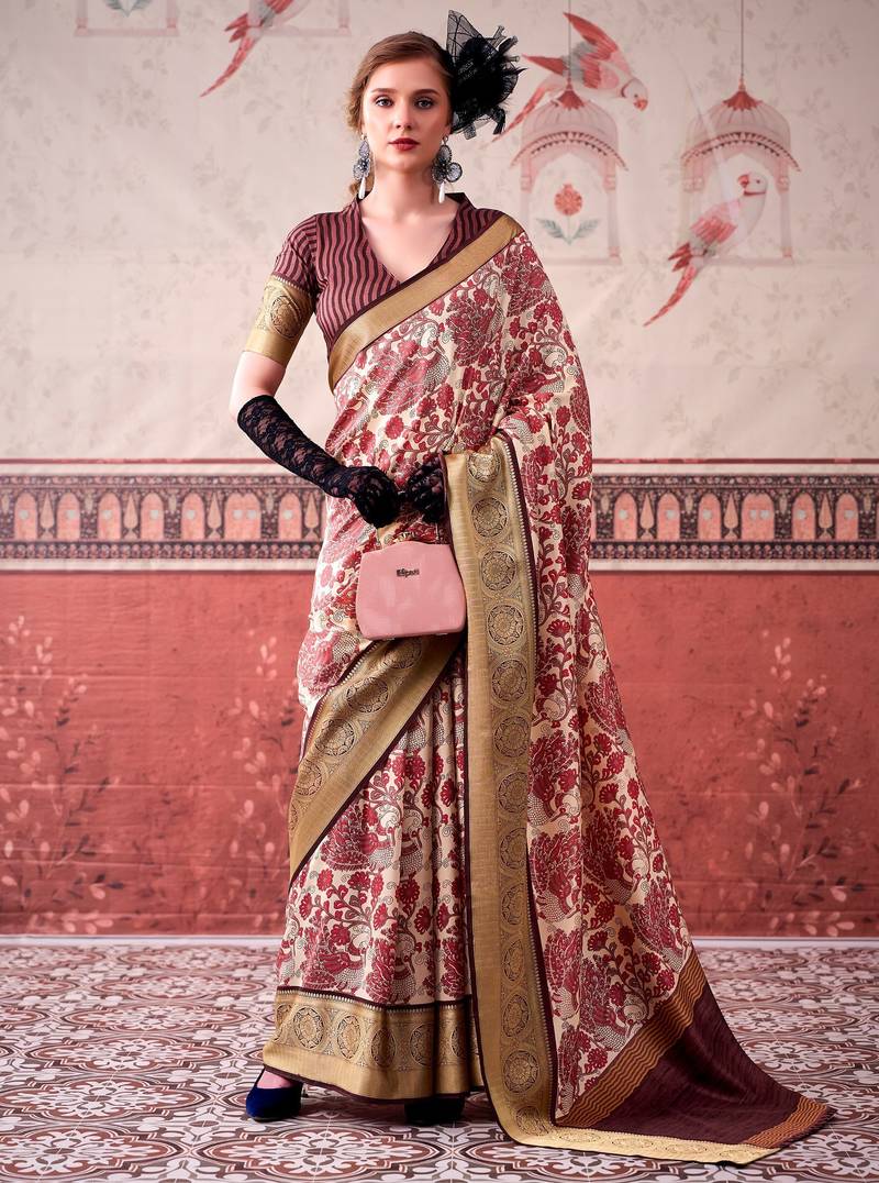 Pink tussa silk printed with viscose border saree & unstitched blouse
