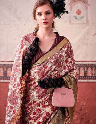Pink tussa silk printed with viscose border saree & unstitched blouse 2