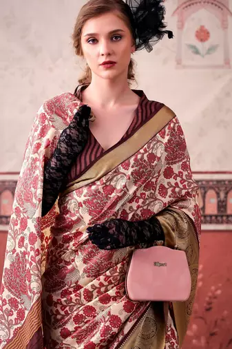 Pink tussa silk printed with viscose border saree & unstitched blouse