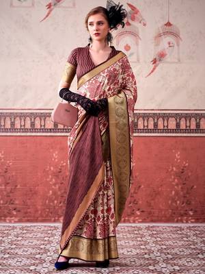 Pink tussa silk printed with viscose border saree & unstitched blouse 3