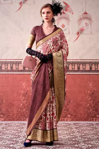 Pink tussa silk printed with viscose border saree & unstitched blouse