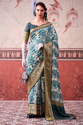 Sea blue tussa silk printed with viscose border saree & unstitched blouse