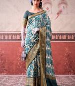 Sea blue tussa silk printed with viscose border saree & unstitched blouse