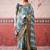 Sea blue tussa silk printed with viscose border saree & unstitched blouse
