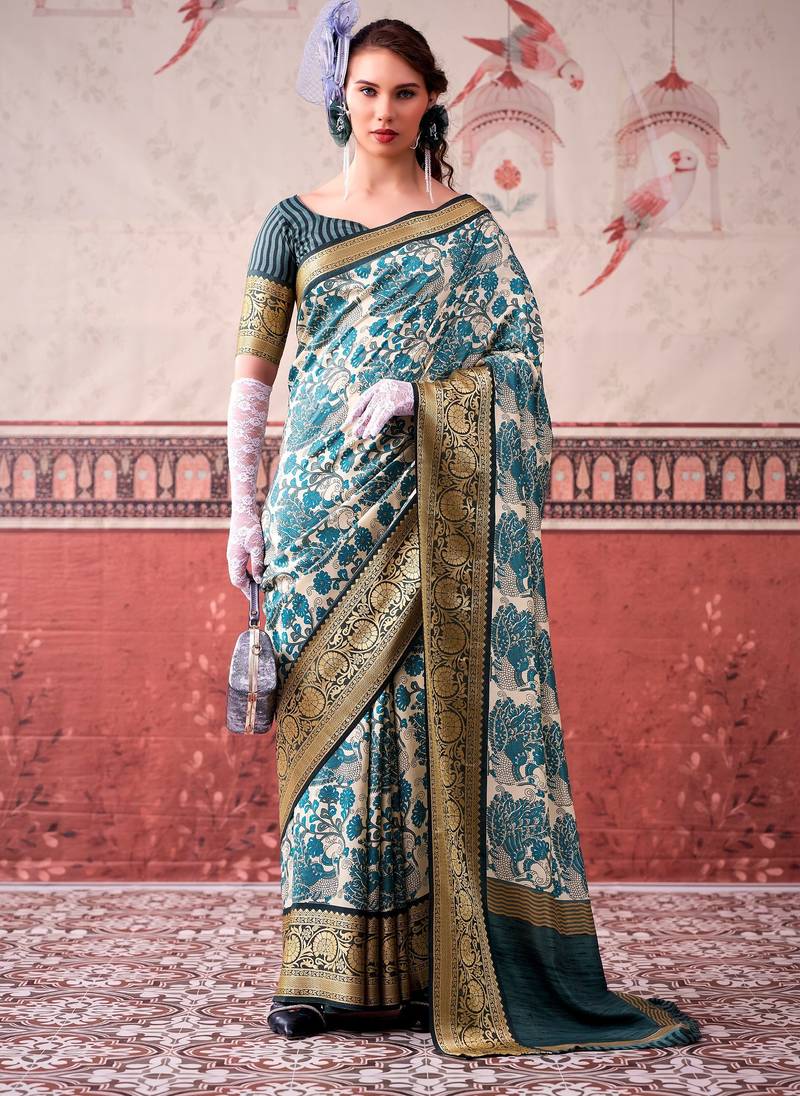 Sea blue tussa silk printed with viscose border saree & unstitched blouse
