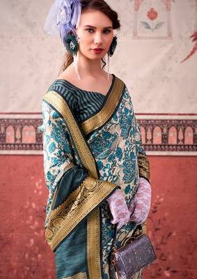 Sea blue tussa silk printed with viscose border saree & unstitched blouse 2