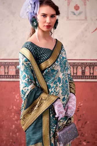 Sea blue tussa silk printed with viscose border saree & unstitched blouse