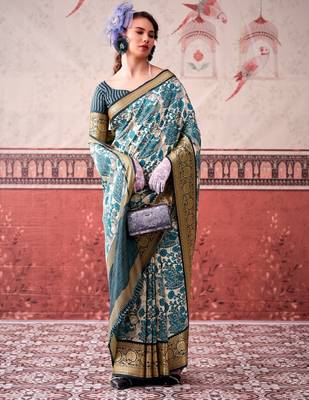 Sea blue tussa silk printed with viscose border saree & unstitched blouse 3