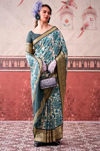 Sea blue tussa silk printed with viscose border saree & unstitched blouse