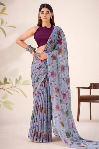 Grey lurex brasso floral printed saree with unstitched blouse