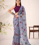 Grey lurex brasso floral printed saree with unstitched blouse