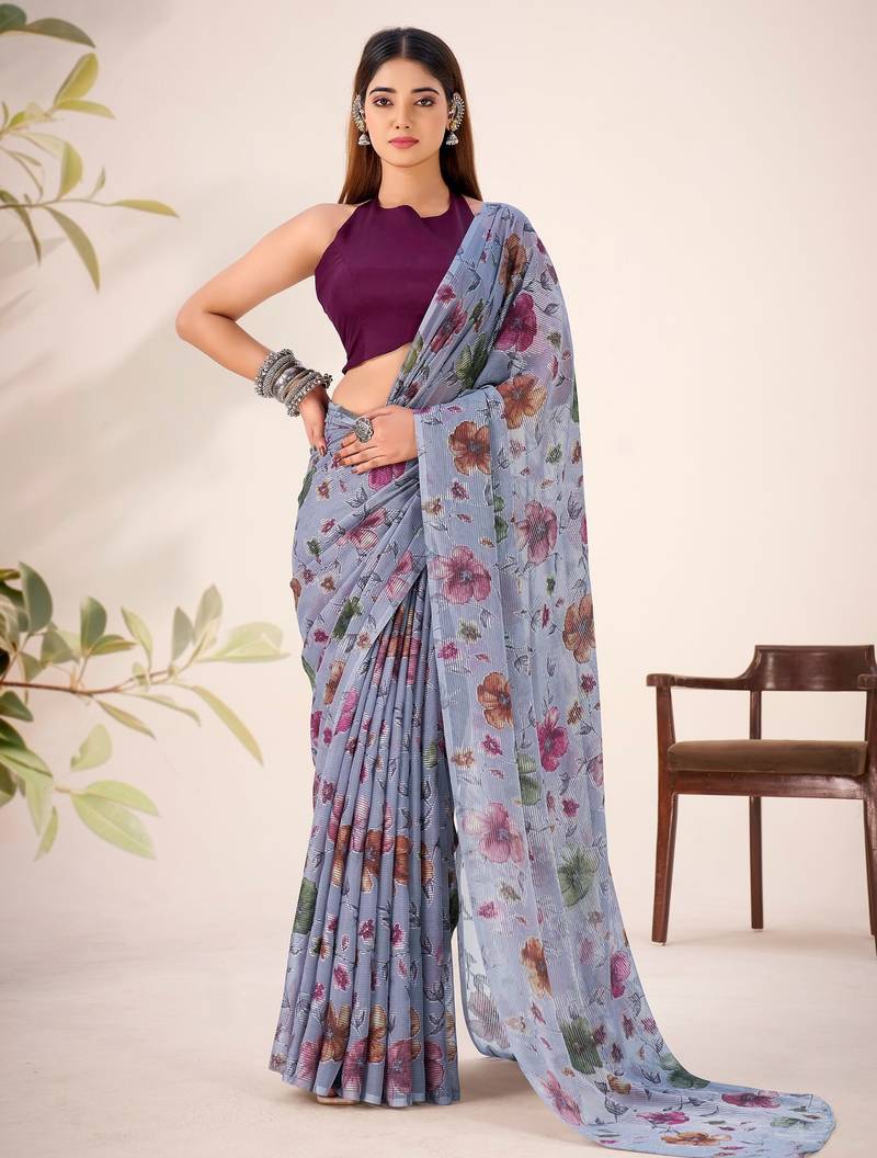 Grey lurex brasso floral printed saree with unstitched blouse