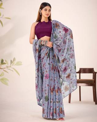 Grey lurex brasso floral printed saree with unstitched blouse 2
