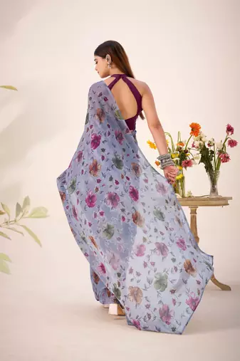 Grey lurex brasso floral printed saree with unstitched blouse
