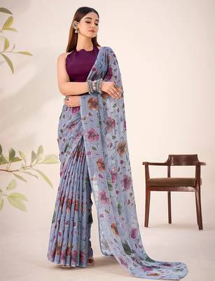 Grey lurex brasso floral printed saree with unstitched blouse 5