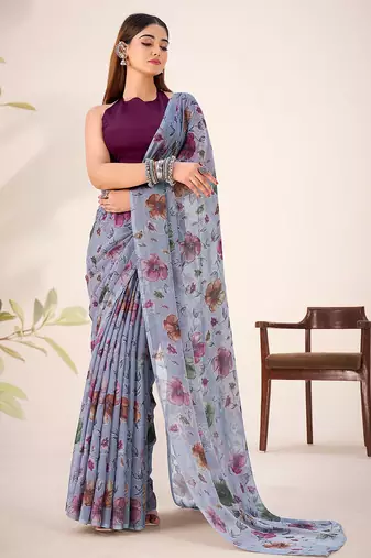 Grey lurex brasso floral printed saree with unstitched blouse