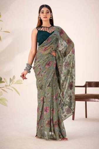 Mehendi lurex brasso floral printed saree with unstitched blouse