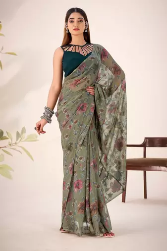 Mehendi lurex brasso floral printed saree with unstitched blouse