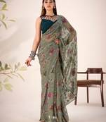 Mehendi lurex brasso floral printed saree with unstitched blouse