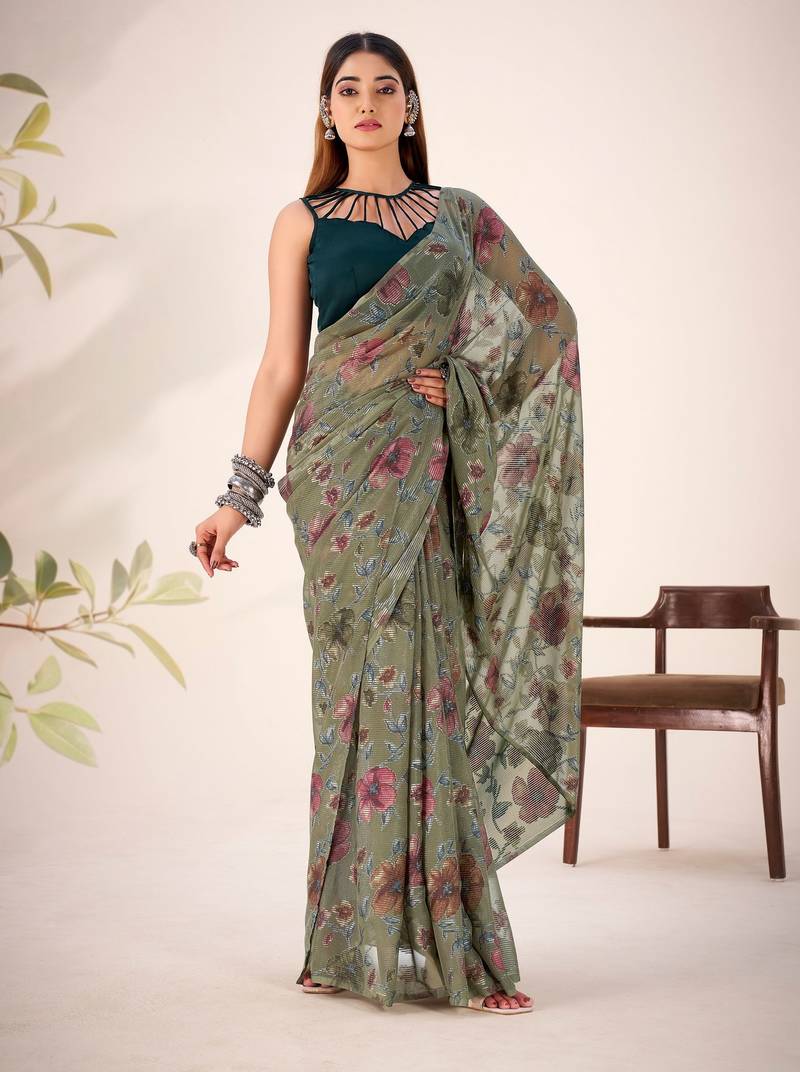 Mehendi lurex brasso floral printed saree with unstitched blouse