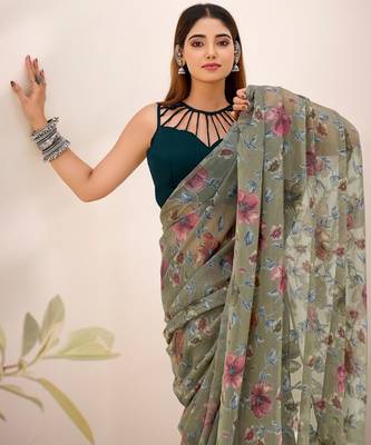 Mehendi lurex brasso floral printed saree with unstitched blouse 2