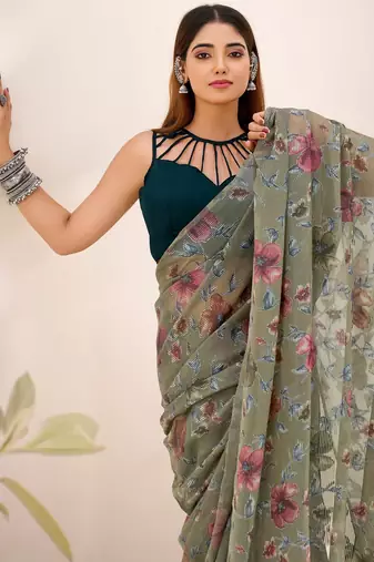 Mehendi lurex brasso floral printed saree with unstitched blouse