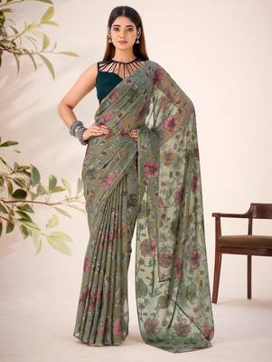 Mehendi lurex brasso floral printed saree with unstitched blouse 3