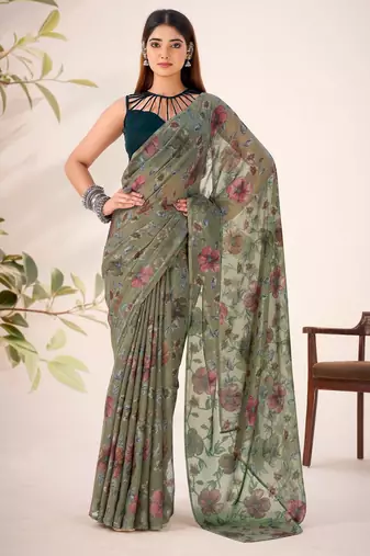 Mehendi lurex brasso floral printed saree with unstitched blouse