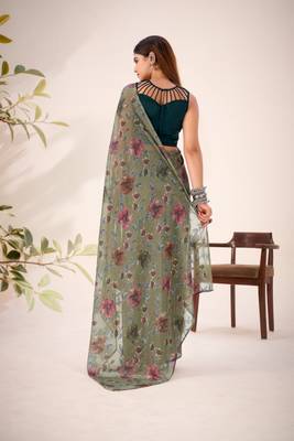 Mehendi lurex brasso floral printed saree with unstitched blouse 4