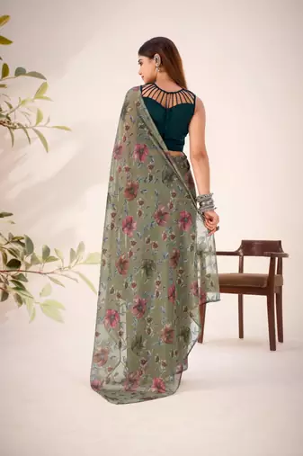 Mehendi lurex brasso floral printed saree with unstitched blouse