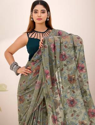 Mehendi lurex brasso floral printed saree with unstitched blouse 5