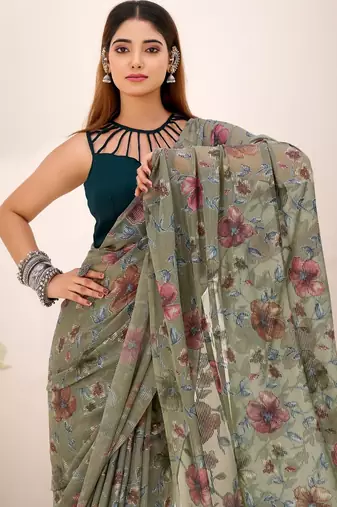 Mehendi lurex brasso floral printed saree with unstitched blouse