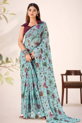 Sea green lurex brasso floral printed saree with unstitched blouse