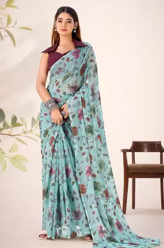 Sea green lurex brasso floral printed saree with unstitched blouse