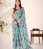 Sea green lurex brasso floral printed saree with unstitched blouse