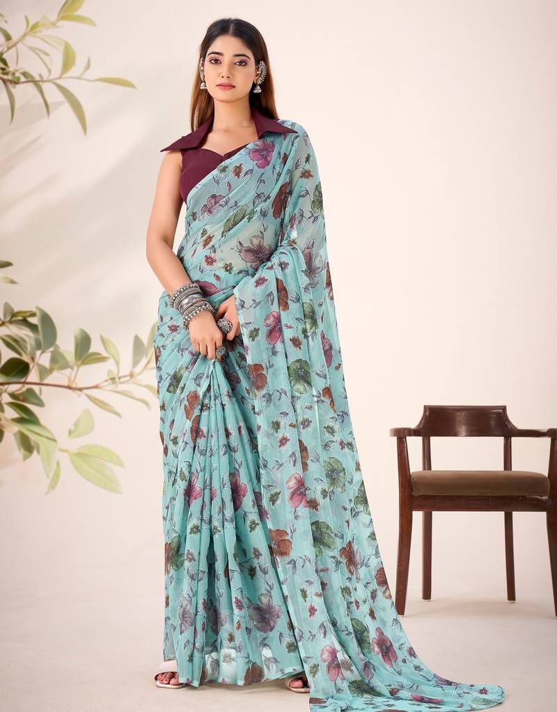 Sea green lurex brasso floral printed saree with unstitched blouse