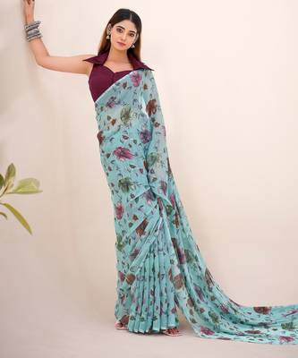 Sea green lurex brasso floral printed saree with unstitched blouse 2