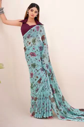 Sea green lurex brasso floral printed saree with unstitched blouse